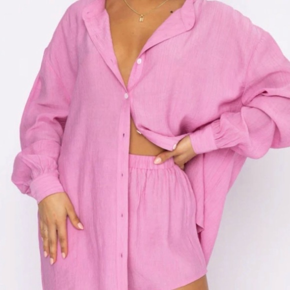 White Fox Womens Take Me Out Oversized Button Down Shirt Crinkle Pink Sz S/M - Picture 6 of 11